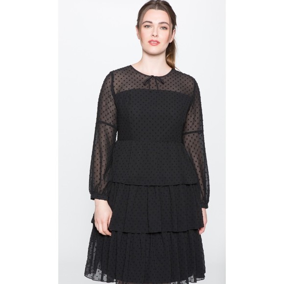 Eloquii Studio Tiered Ruffle Dress Black Swiss Dot Size 16 Plus Long Sleeve - Picture 3 of 12